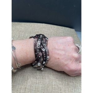 Brighton Thea Harlow Bronze Leather Braided Cuff Bracelet Studded Magnetic 7"